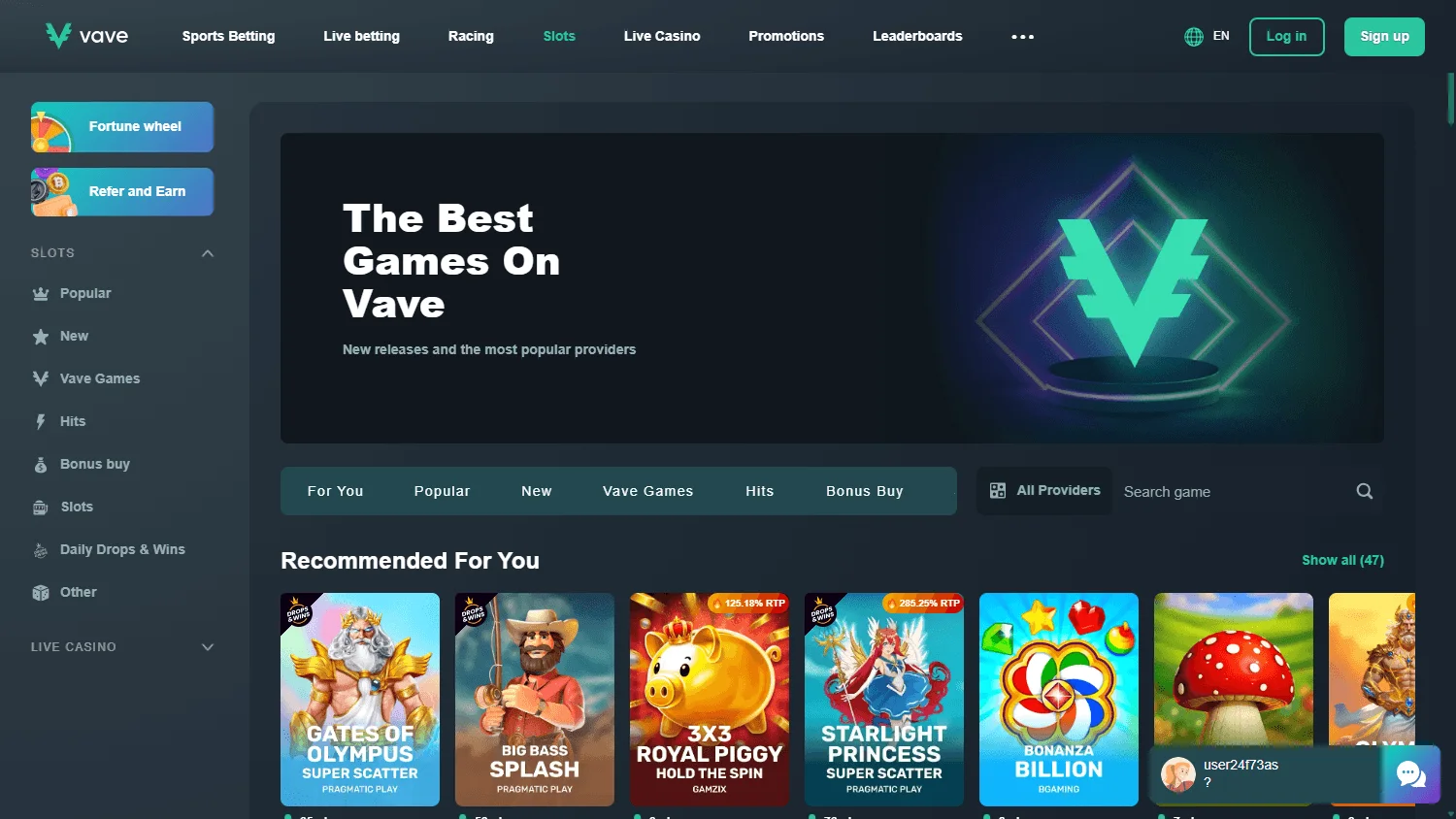 Vave Casino games interface on desktop