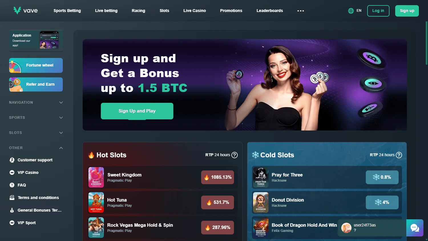 Vave Casino home interface on desktop